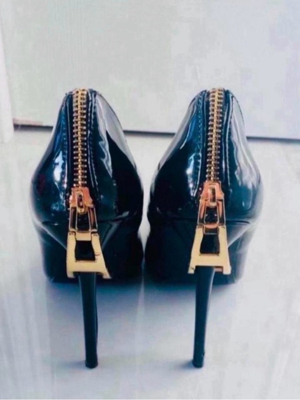Black Patent Stiletto Heels with Gold Back Zipper
